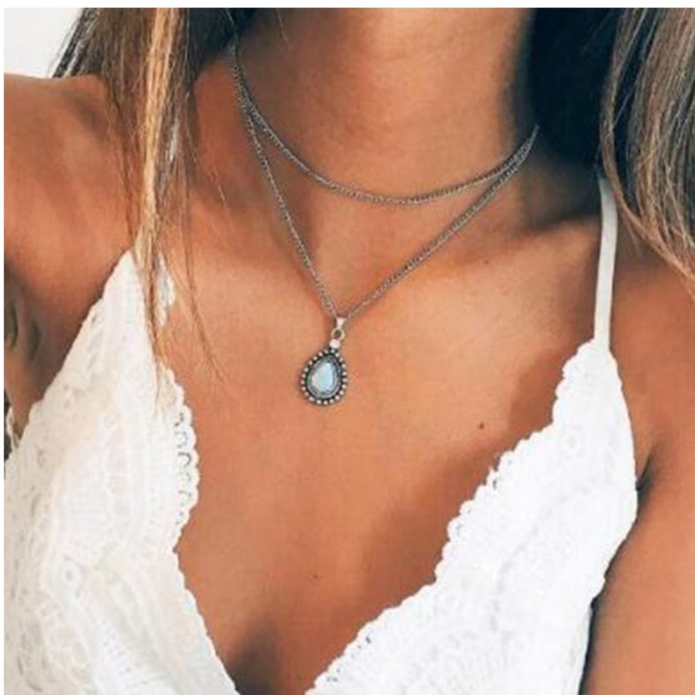 Boho gypsy multilayer Silver tone pendant necklace